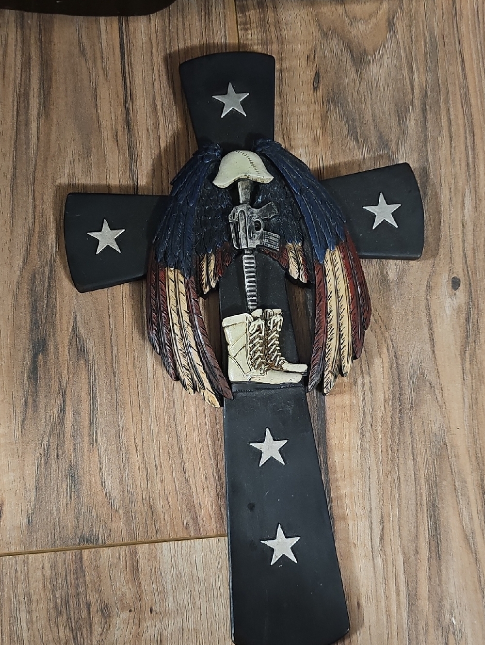 Patriotic Black Cross Wall Decor with Wings and Boots - Home Accents
